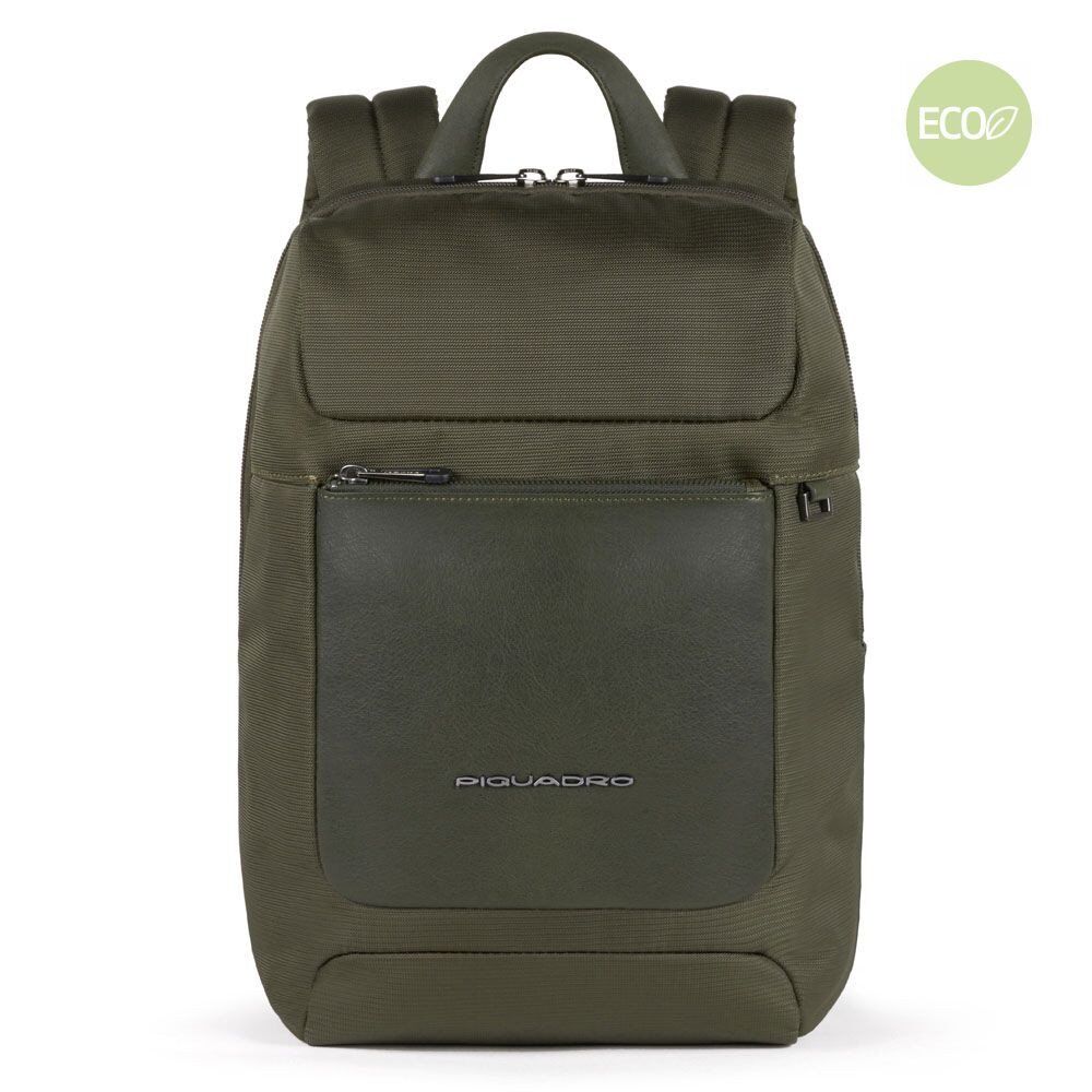 Piquadro Macbeth Kleiner Laptoprucksack aus Leder und recyceltem Olivgrün