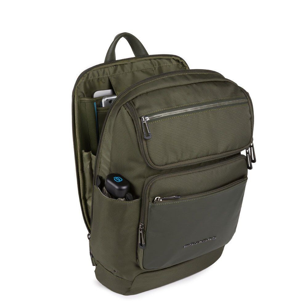 Piquadro Macbeth Laptoprucksack 14" aus Leder und mit recyceltem Stoff Olivgrün Piquadro Macbeth Laptoprucksack 14" aus Leder und mit recyceltem Stoff Olivgrün