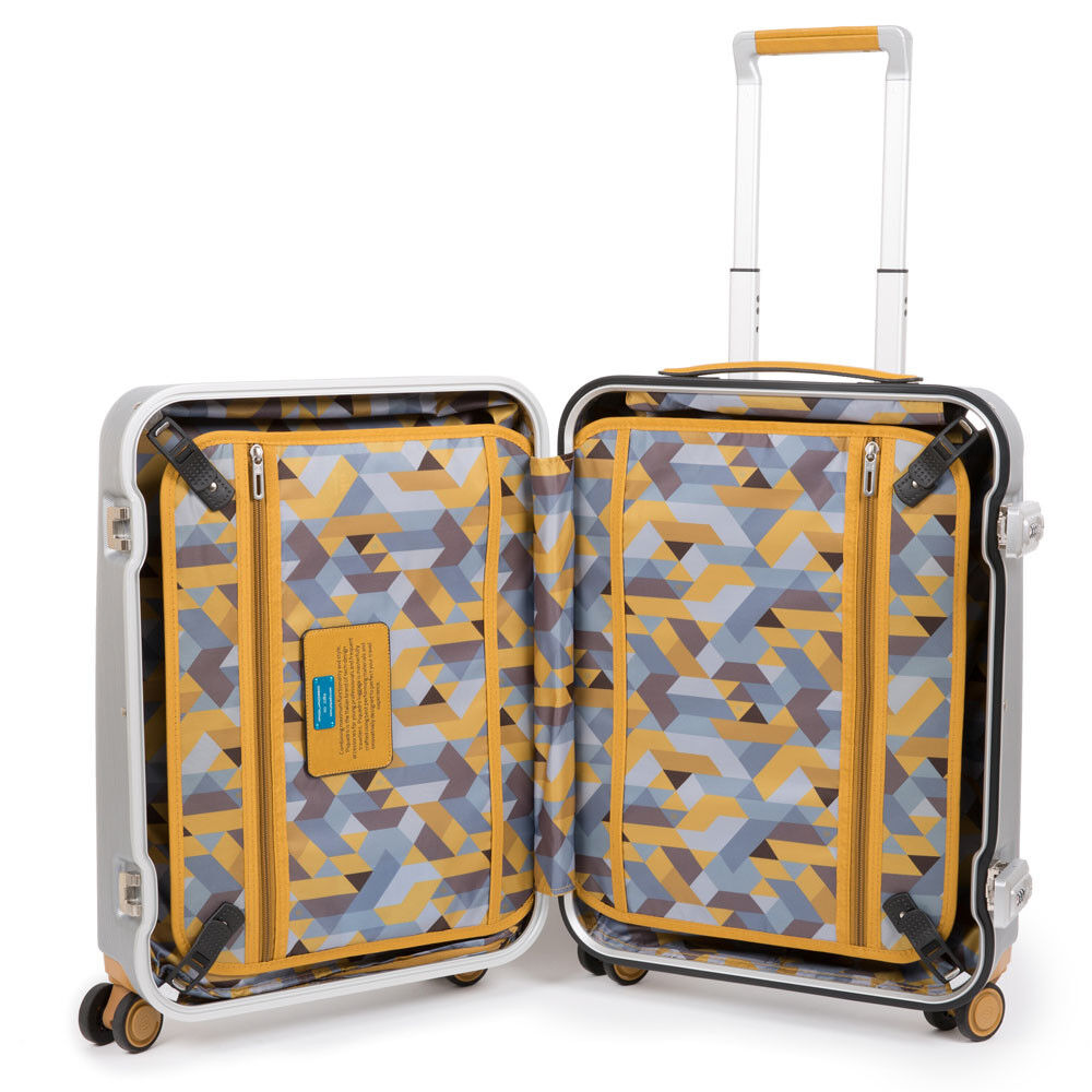 Piquadro Relyght Plus Ultra Slim Hartschalentrolley in Handgepäckgröße mit CONNEQU Grau/Gelb
