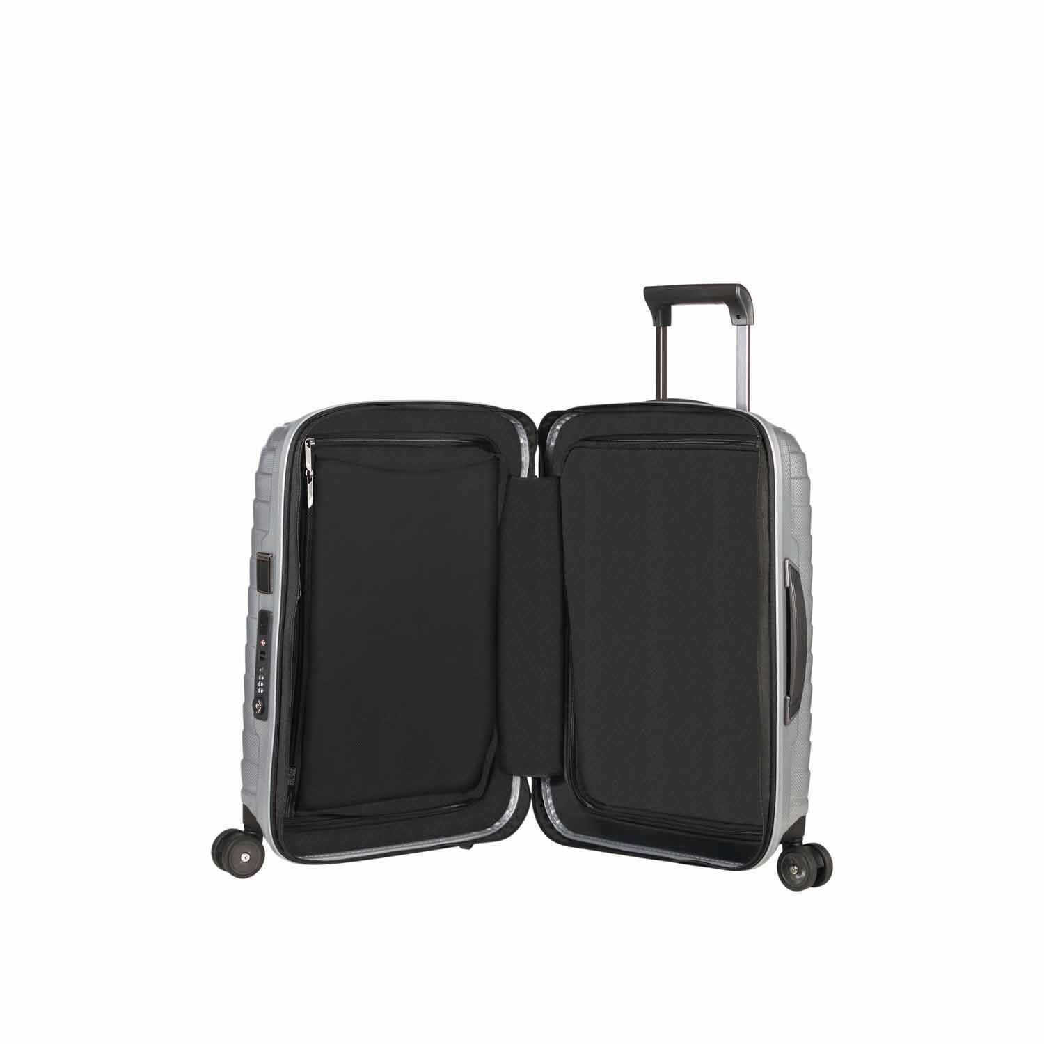 Samsonite Proxis Trolley mit 4 Rollen erweiterbar 55cm (20/23cm) + GRATIS HOTELGUTSCHEIN Silber