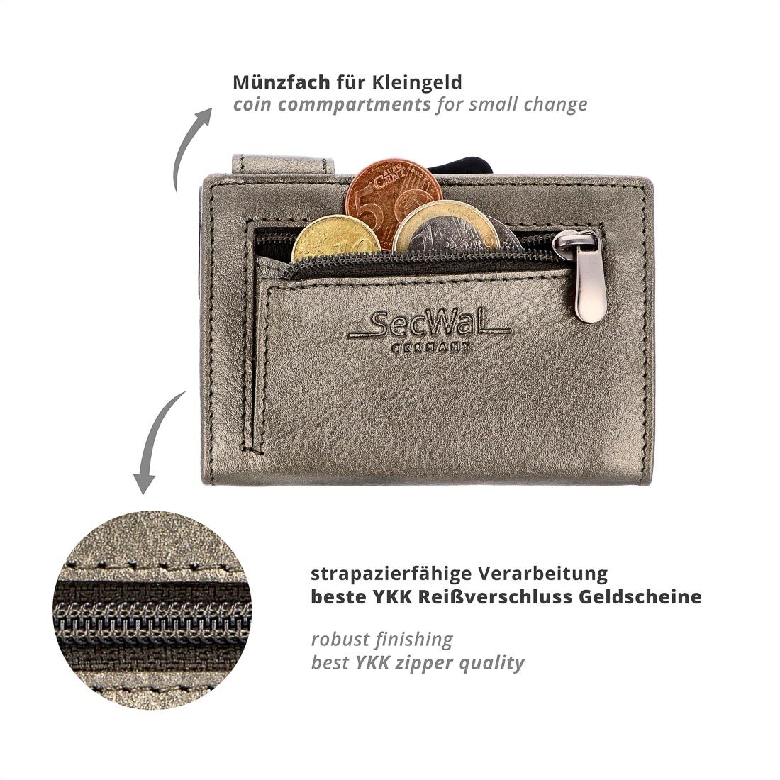 SecWal Metallic Kartenetui mit Münzfach Reißverschluss Metallic grau