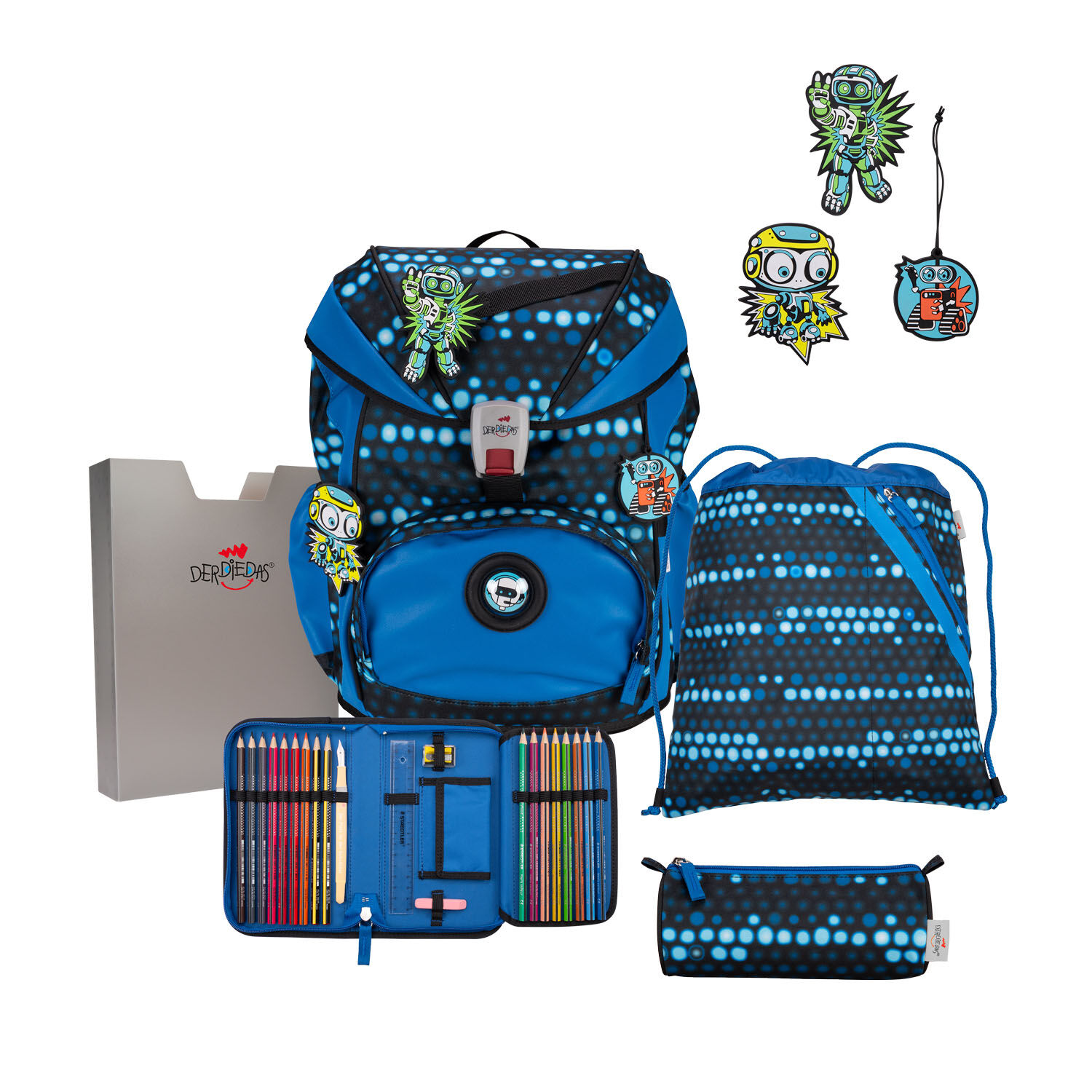 DerDieDas ErgoFlex Exklusiv "Superflash" Schulrucksack-Set 5-teilig mit Sportbeutel Blue Robot