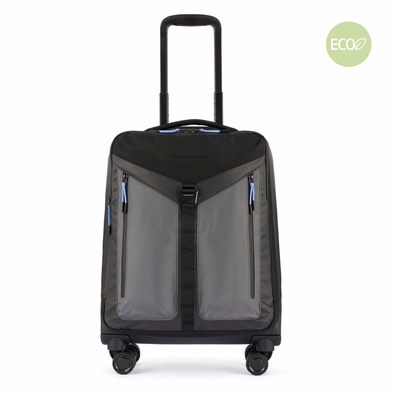 Piquadro Spike Trolley in Handgepäckgröße aus rezykliertem Stoff mit vier Rollen