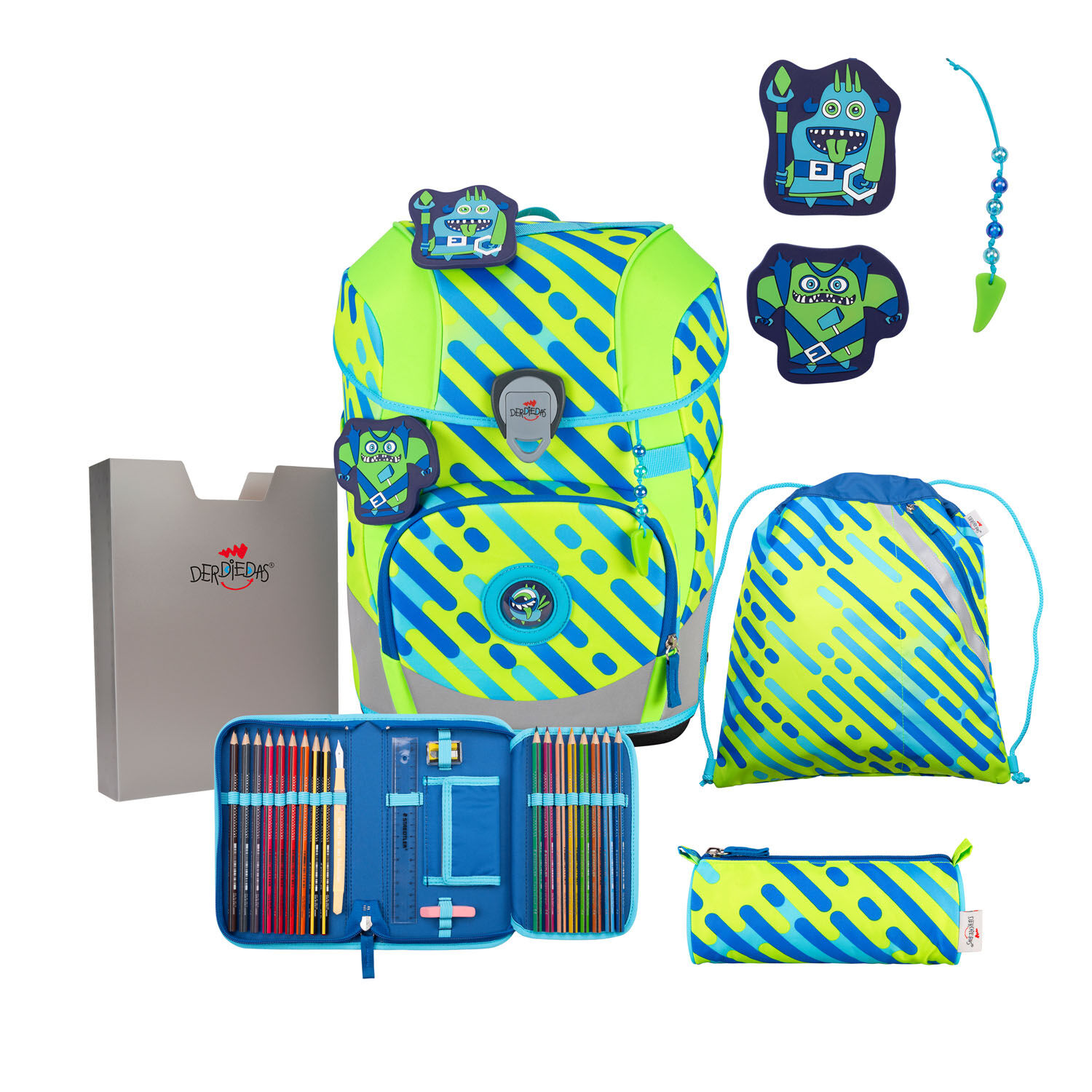DerDieDas ErgoFlex Tiny Exklusiv NEON Schulrucksack 5-teiliges Set Neon Monster