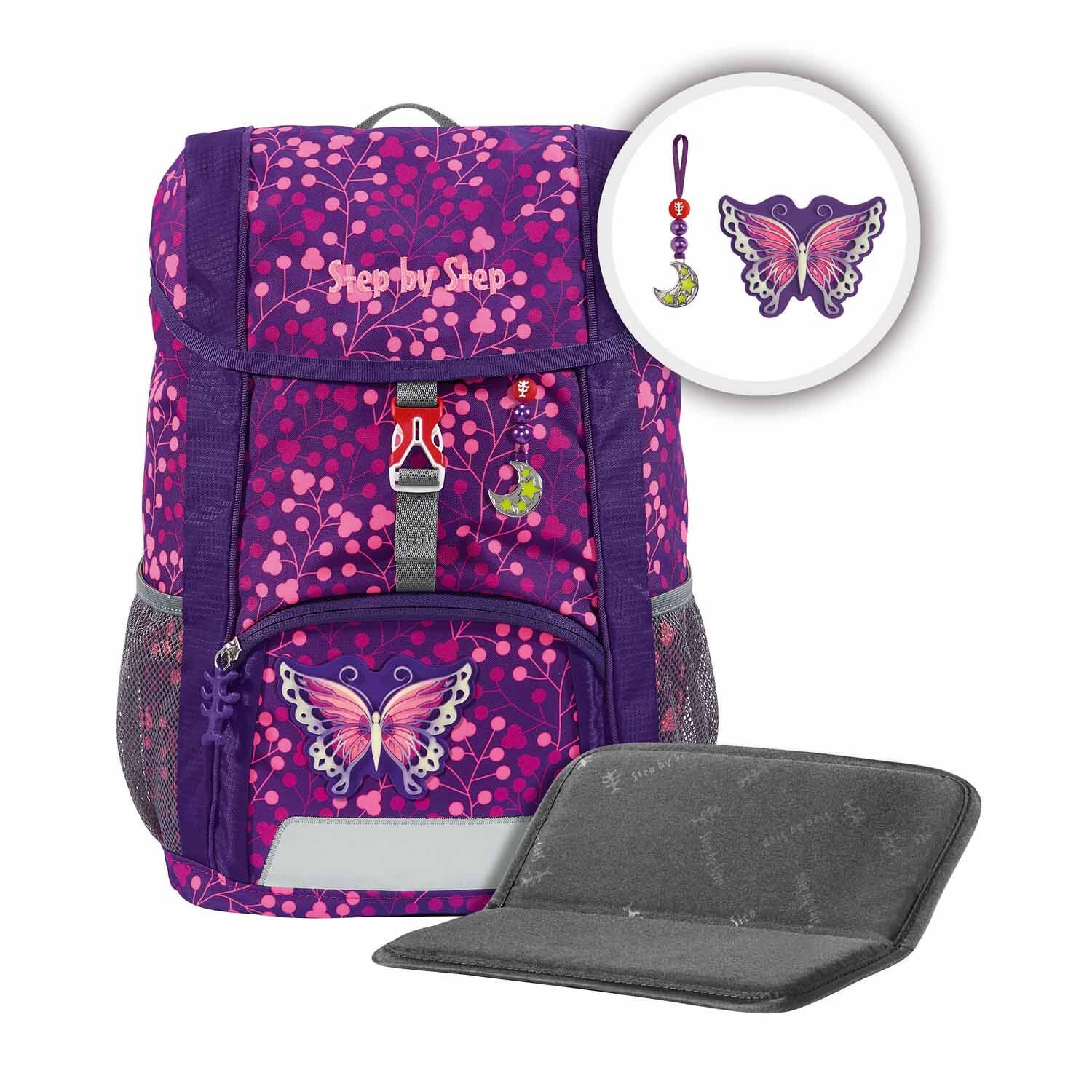 Step by Step Kinderrucksack KID SHINE Rucksack-Set, 3-teilig inkl. Sitzkissen Butterfly Night Ina