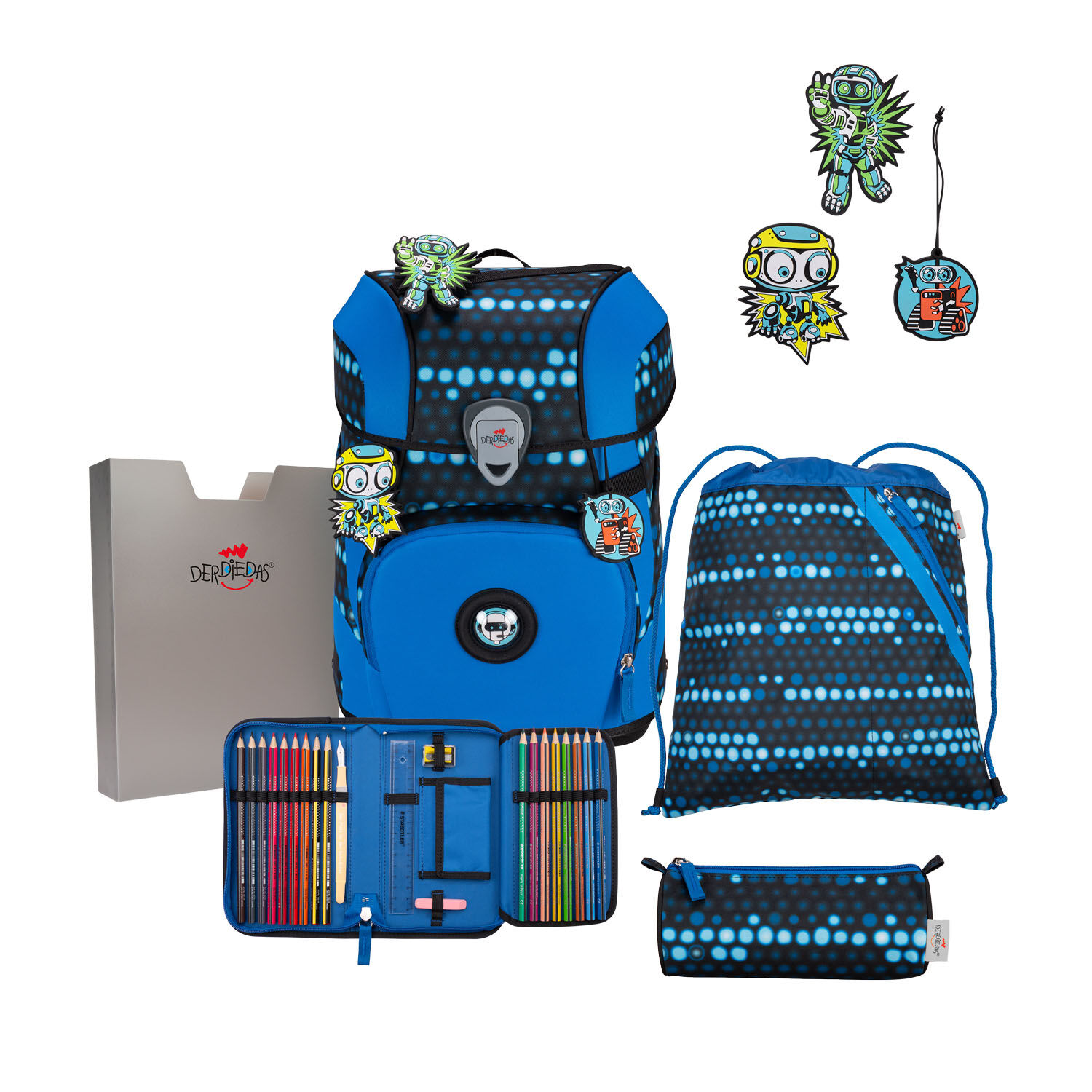DerDieDas ErgoFlex Tiny Exklusiv Superflash Schulrucksack 5-teiliges Set Blue Robot