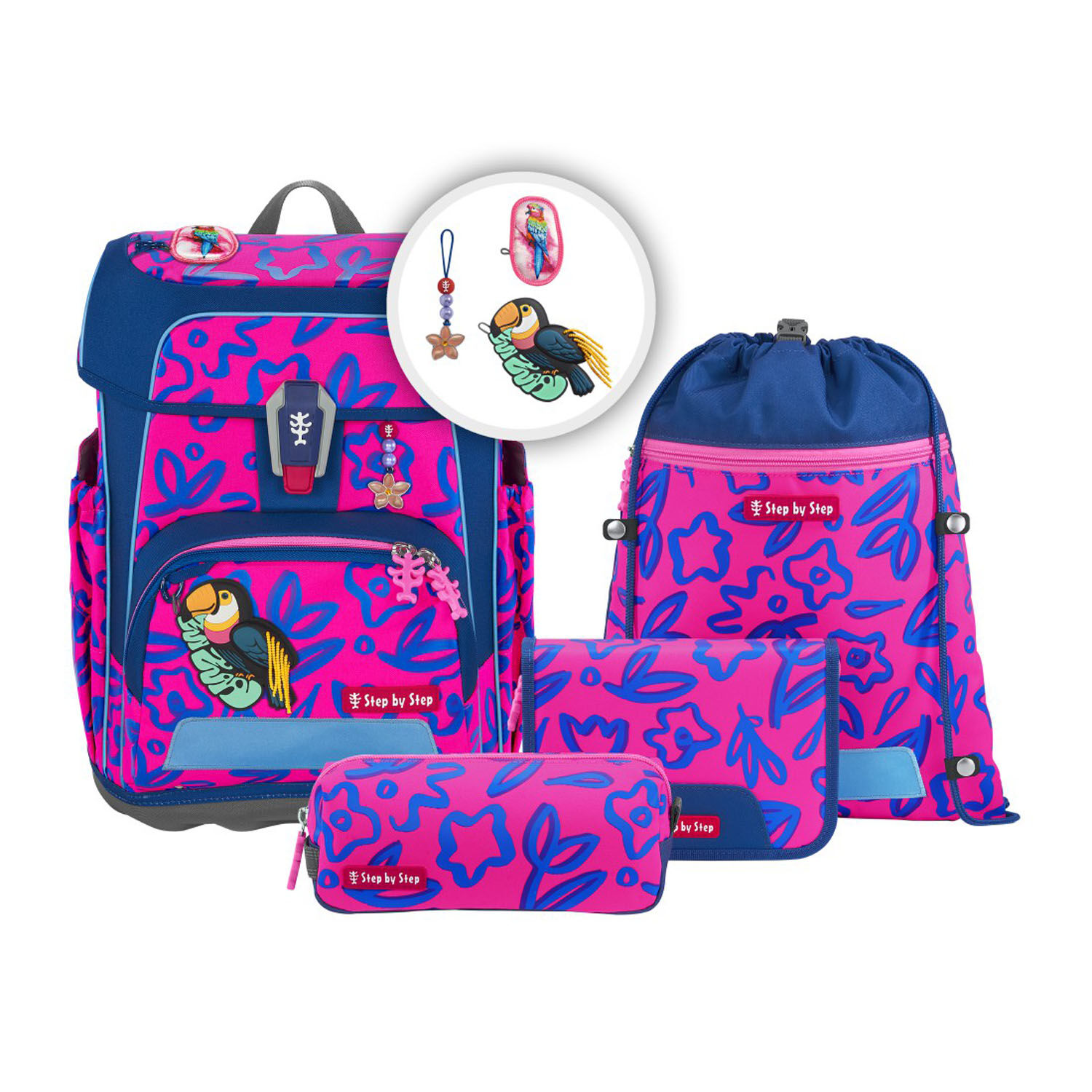 Step by Step CLOUD NEON Schulranzen 5-teiliges Set Tropical Bird Polly