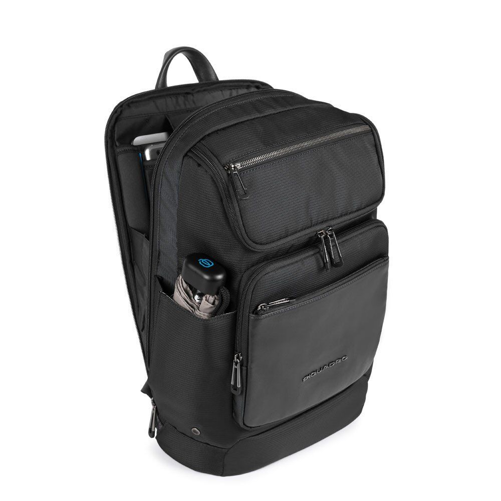 Piquadro Macbeth Laptoprucksack 14" aus Leder und mit recyceltem Stoff Schwarz