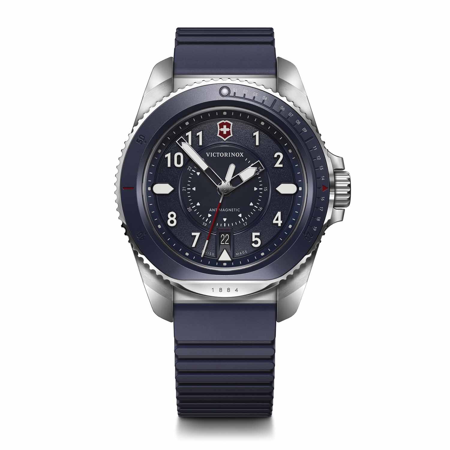 Victorinox Journey 1884 43mm, Silver Stainless Steel Case Blue Aluminium Bezel/ Dial/ Rubber Strap