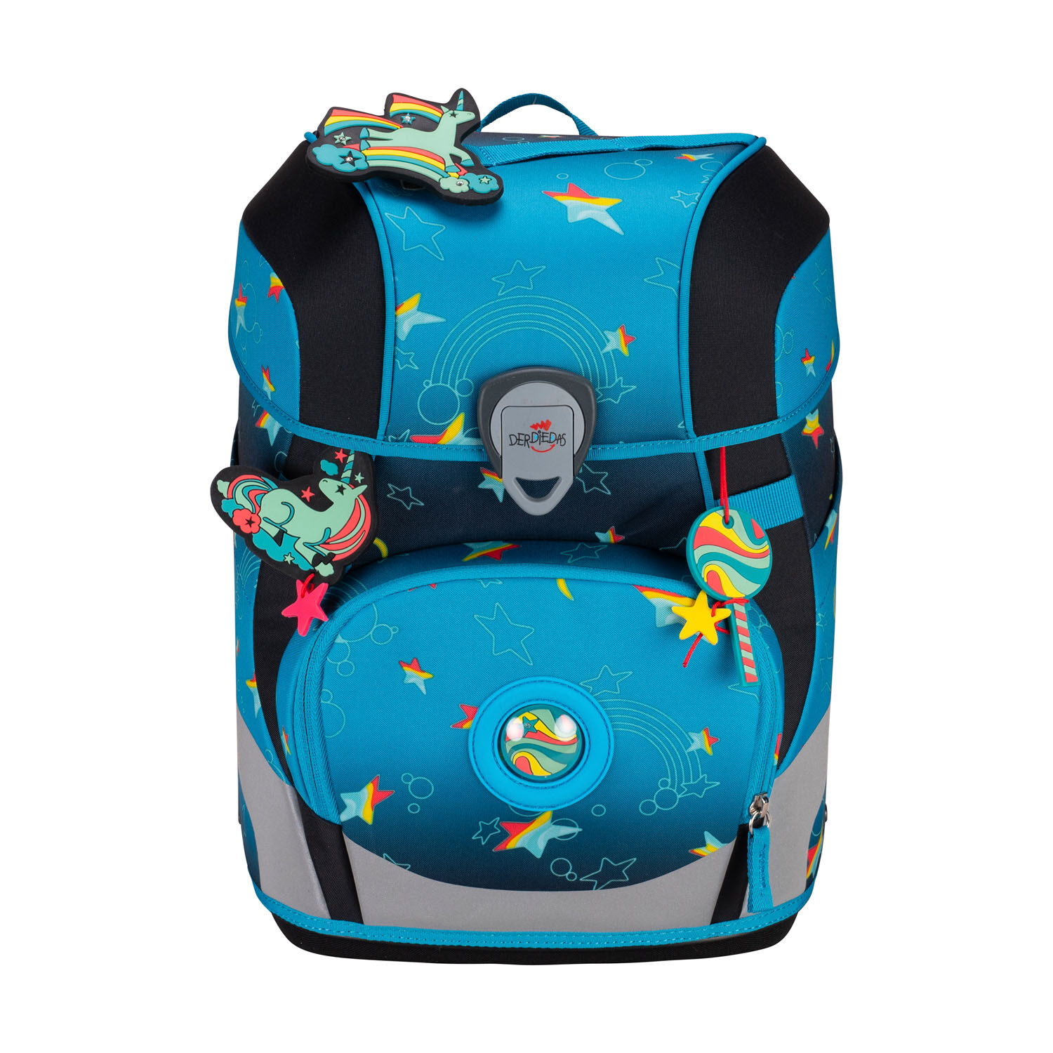 DerDieDas ErgoFlex Tiny Exklusiv LED Schulrucksack 5-teiliges Set Rainbow Star