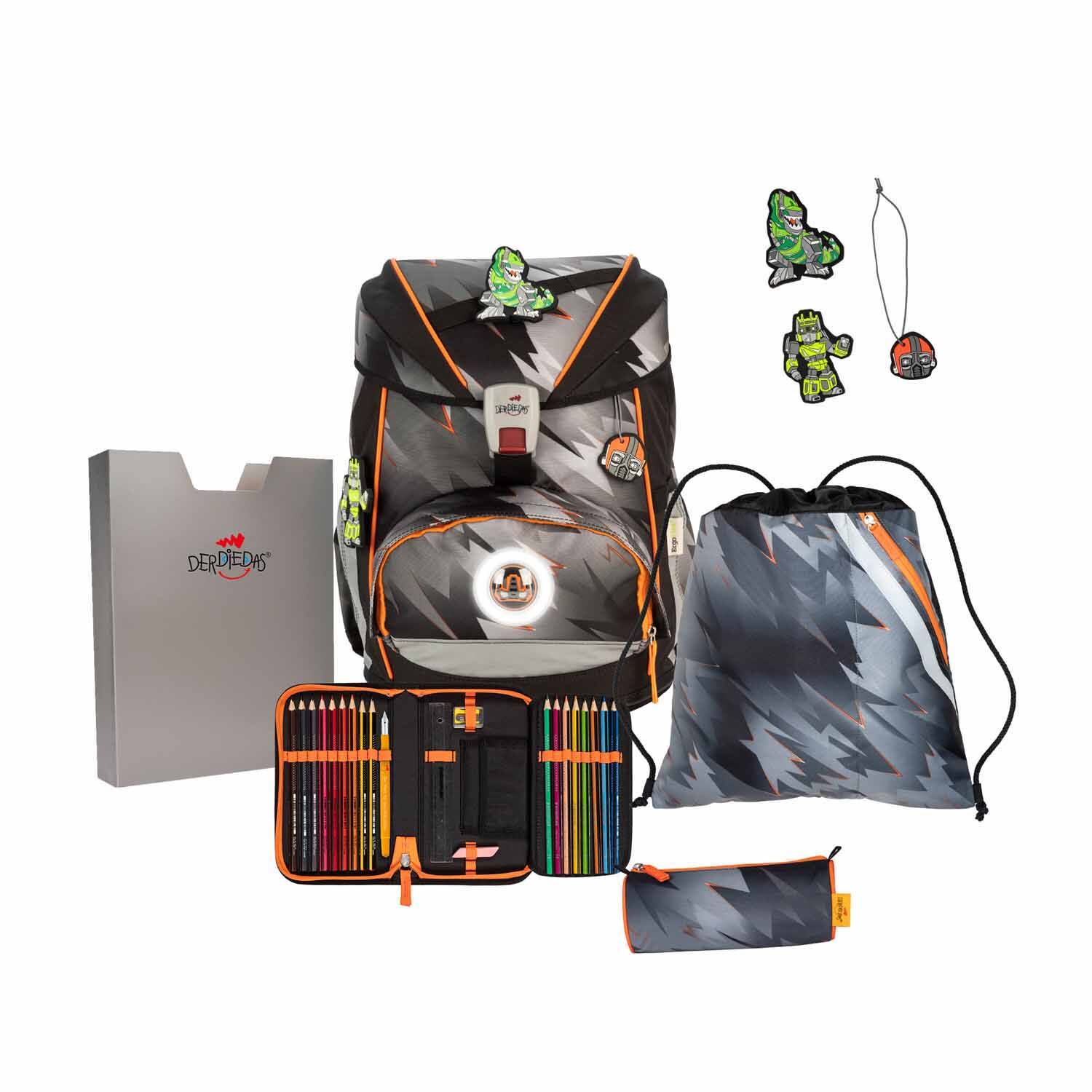 DerDieDas ErgoFlex Exklusiv "LED" Schulrucksack-Set 5-teilig mit Sportbeutel Cyber Dino