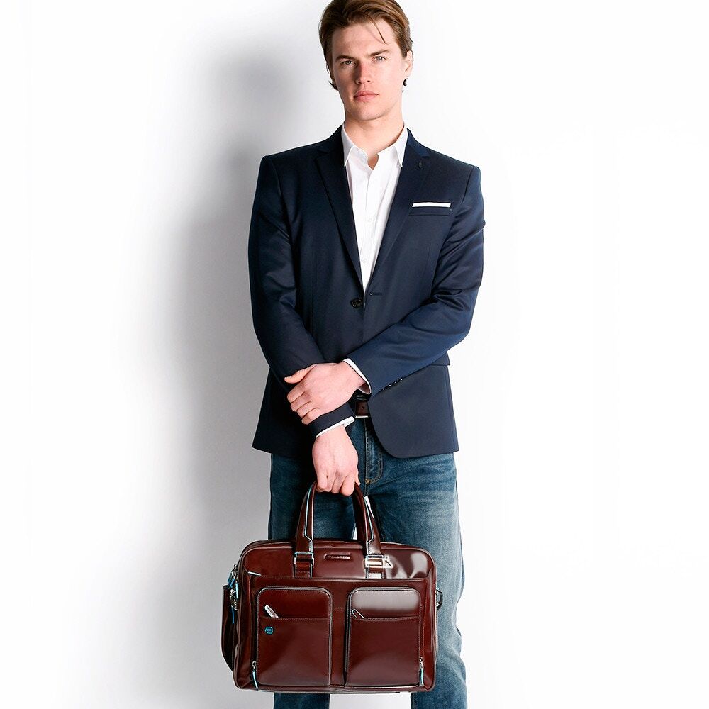 Piquadro Blue Square Erweiterbare Kurzgriff-Laptoptasche 15" mit iPad-Fach Mahagoni