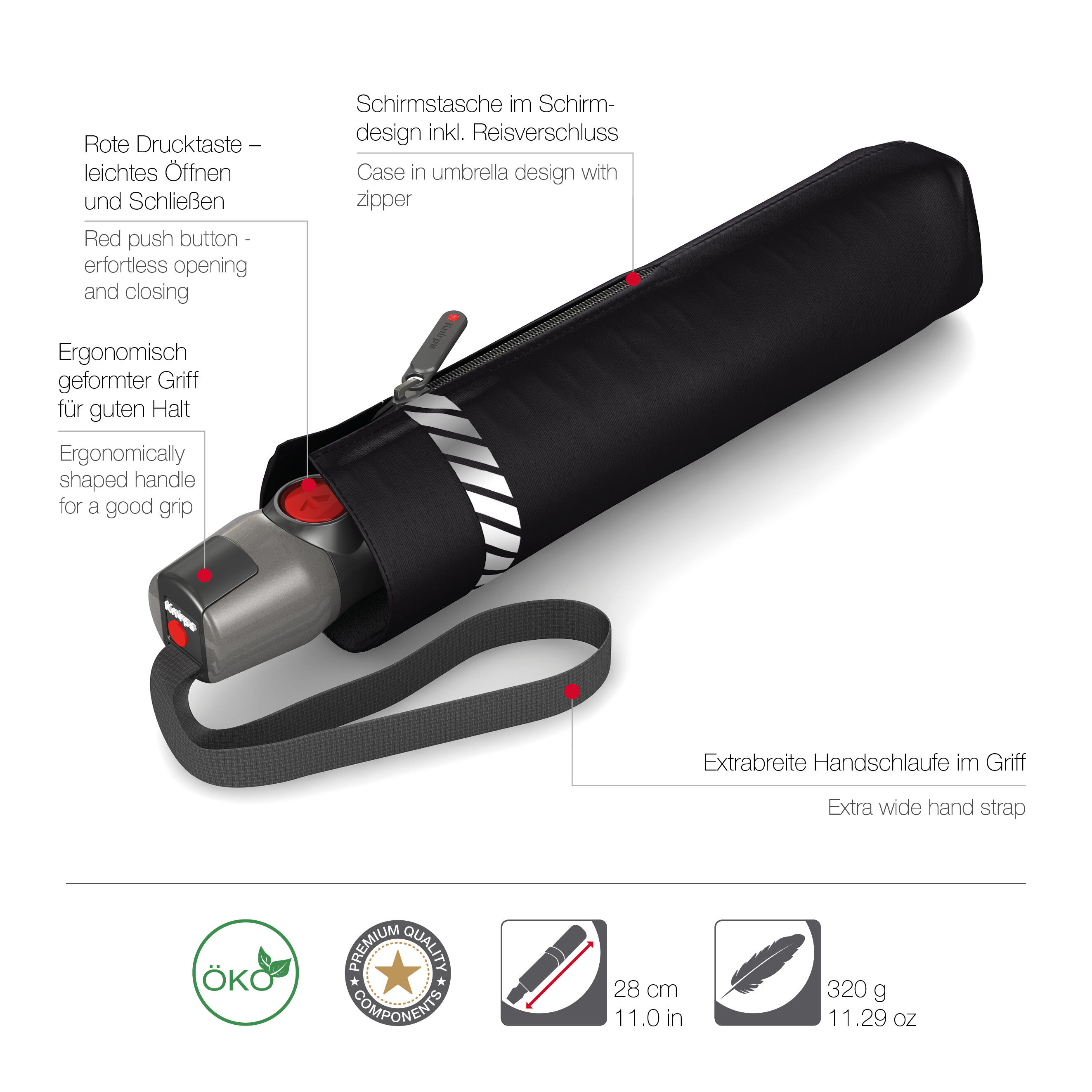 Knirps T.200 Medium Duomatic Automatischer Reflective Taschenschirm Dots Black