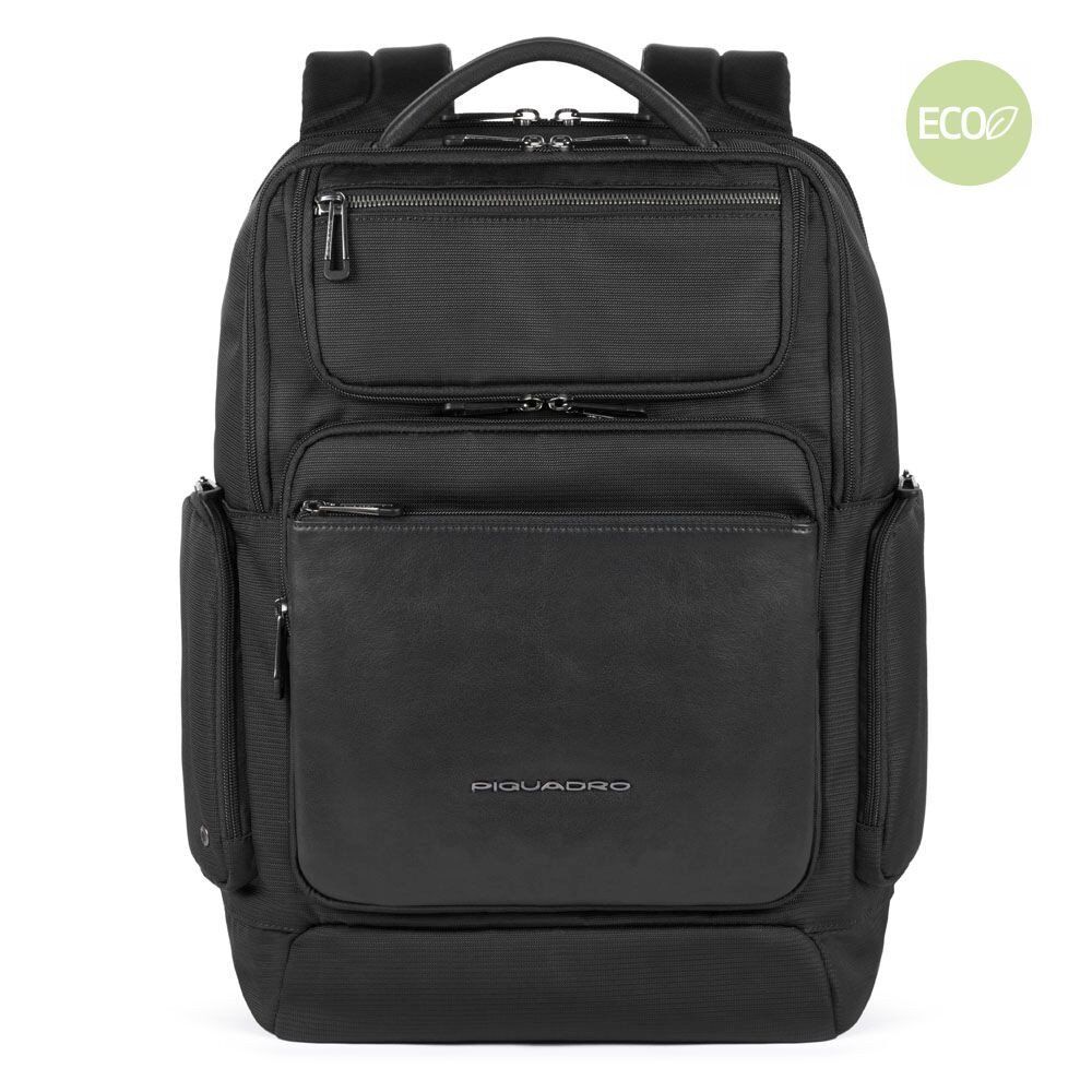 Piquadro Macbeth Fast-check Laptoprucksack 15,6" aus Leder und recyceltem Schwarz