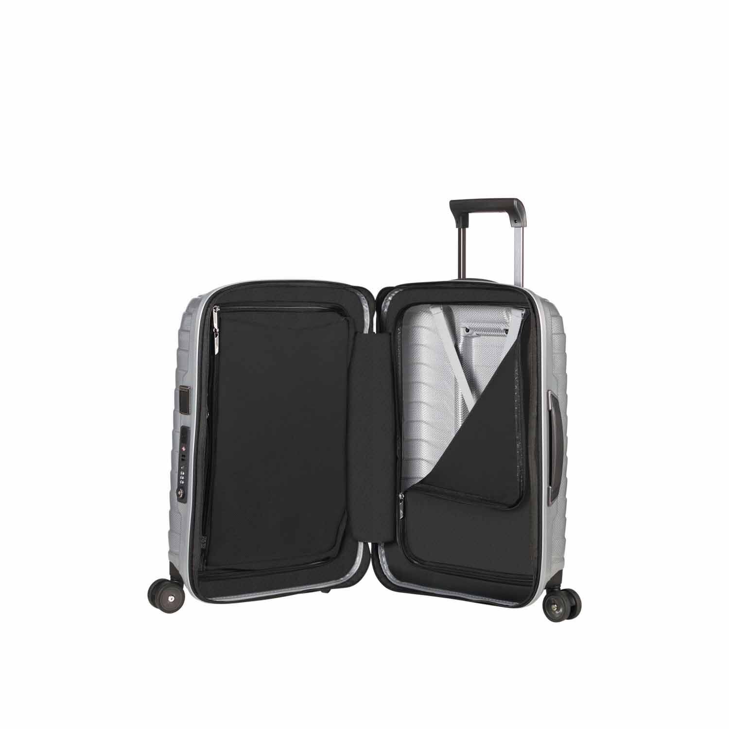 Samsonite Proxis Trolley mit 4 Rollen erweiterbar 55cm (20/23cm) + GRATIS HOTELGUTSCHEIN Silber