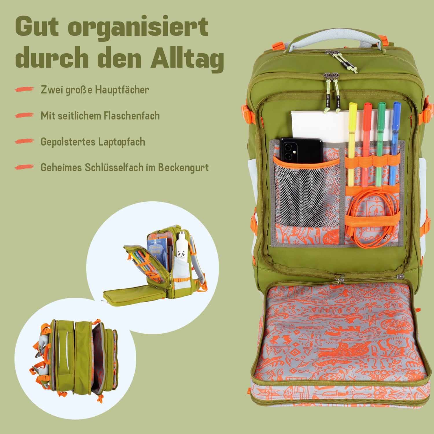 kattbjørn Explorer Schulrucksack grün/orange kattbjørn Explorer Schulrucksack grün/orange