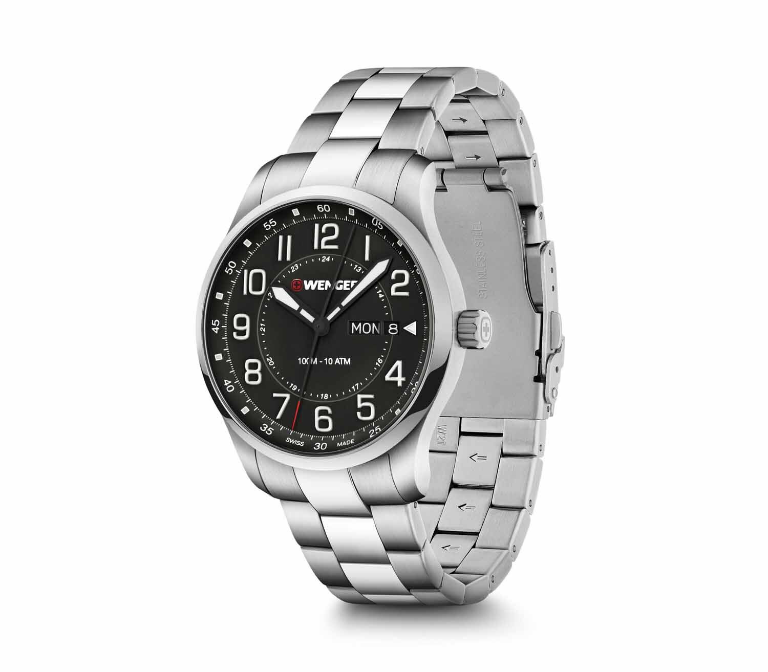 Wenger Attitude Quarzuhr im Retro-Look 42mm Schwarz, silber Wenger Attitude Quarzuhr im Retro-Look 42mm Schwarz, silber