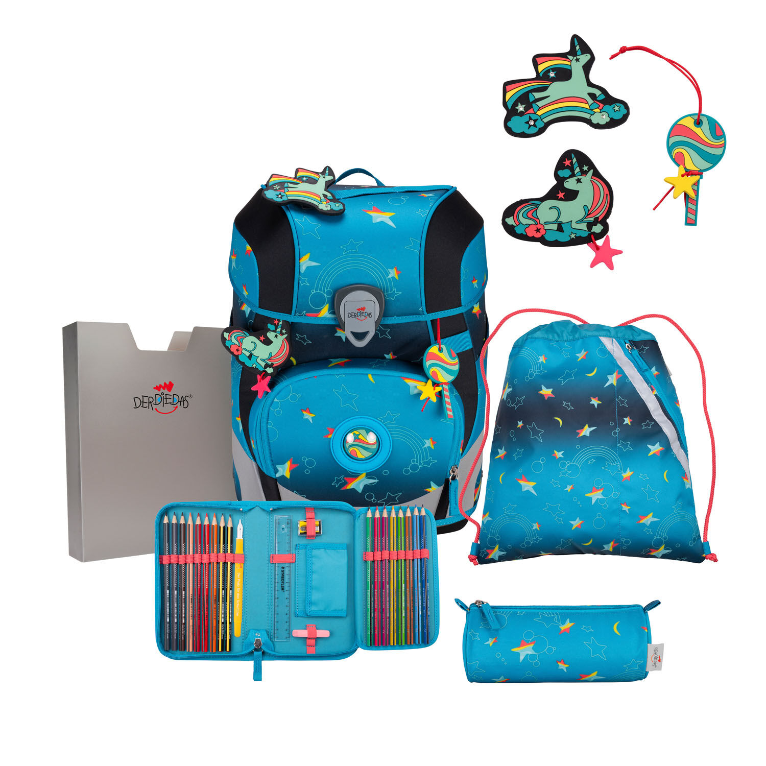 DerDieDas ErgoFlex Tiny Exklusiv LED Schulrucksack 5-teiliges Set Rainbow Star