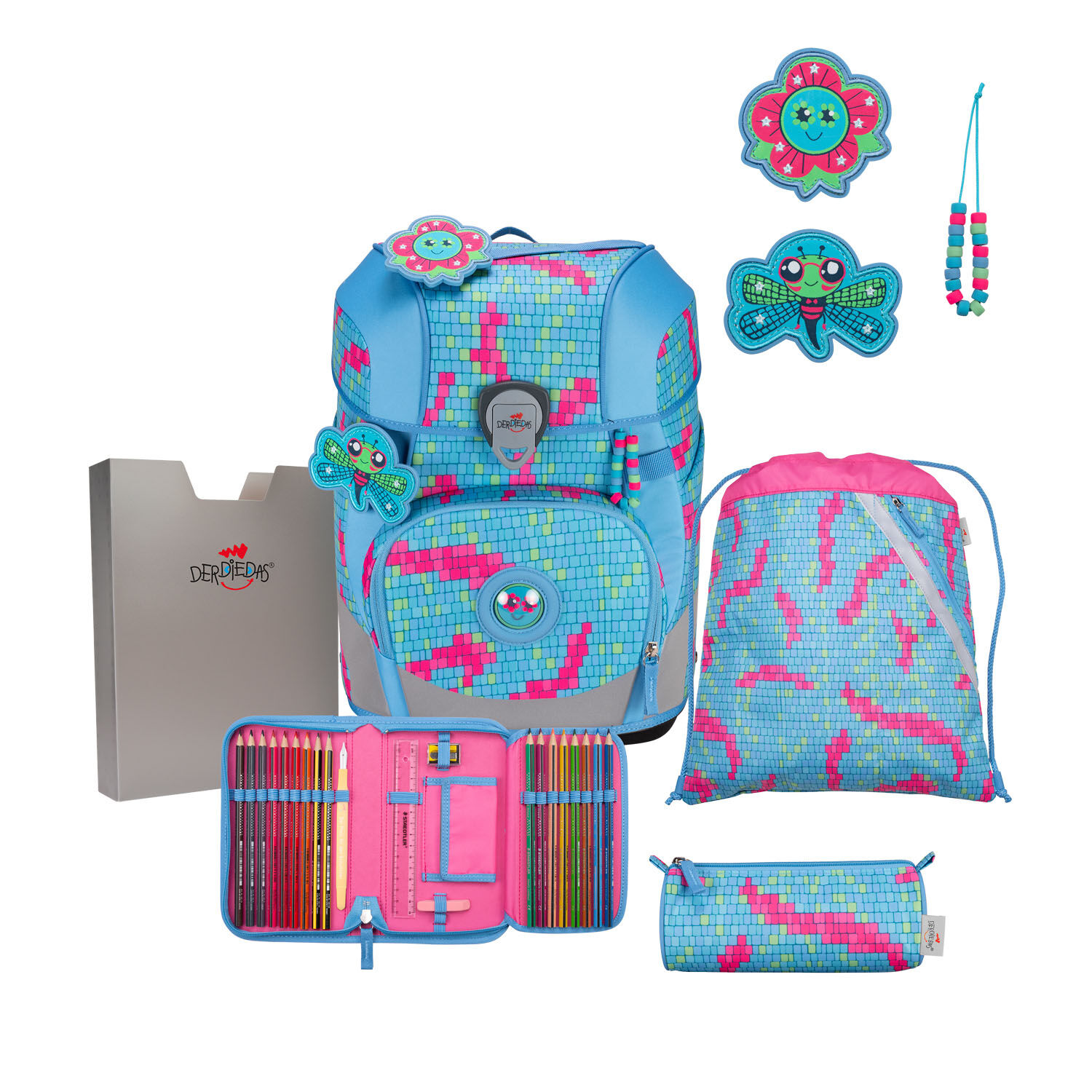DerDieDas ErgoFlex Tiny Schulrucksack 5-teiliges Set Happy Pixel